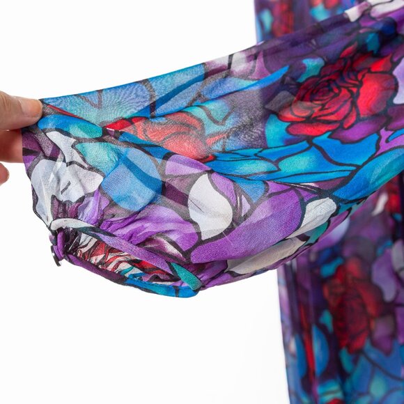 🌹 Diane von Furstenberg Stained Glass Floral Rose Silk Blouse - Purple Blue Red - Picture 11 of 13